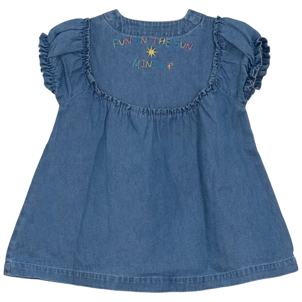 Pompomme Girls Crochet Applique Dress Denim