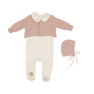 Mon Tresor Baby Classy Collar Set: Footie, Cardigan And Knit Hat Ivory And Pink