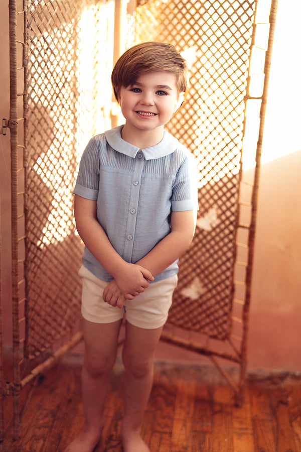 Pompomme Boys Pintuck Shirt Blue