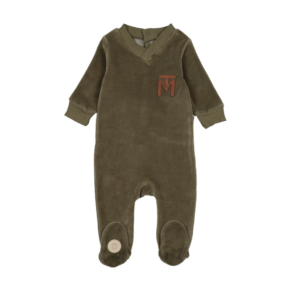 Mon Tresor Baby V-Neck Emblem Footie Sage