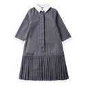 Dinky Girls Low Waisted Pleated Dress Grey With White Collar