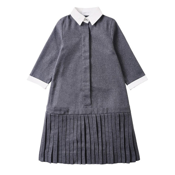 Dinky Girls Low Waisted Pleated Dress Grey With White Collar