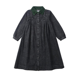 Dinky Girls Washed Black Dress With Green Collar