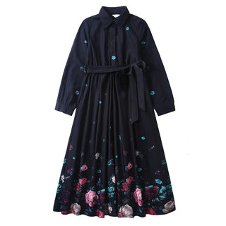 Dinky Girls Teens Dress With Collar Black With Flowers