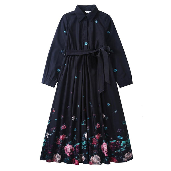 Dinky Girls Teens Dress With Collar Black With Flowers