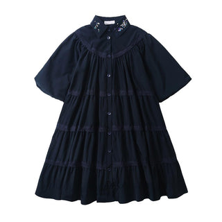 Dinky Girls Taffeta Buttoned Dress With Collar Navy
