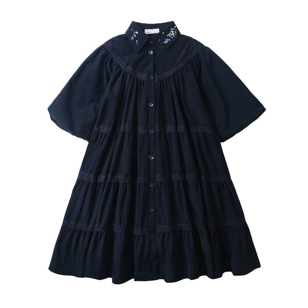 Dinky Girls Taffeta Buttoned Dress With Collar Navy