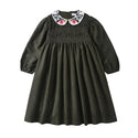 Dinky Girls Olive Dress With Flowered Collar