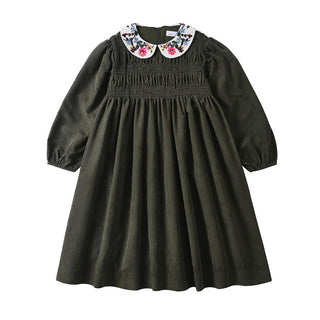 Dinky Girls Olive Dress With Flowered Collar