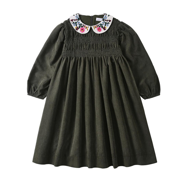 Dinky Girls Olive Dress With Flowered Collar