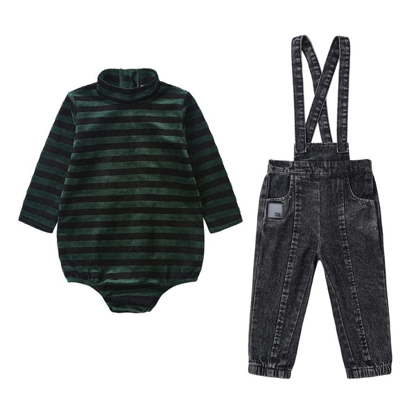 Dinky Baby Boys Washed Black Suspender With Striped Onesie Green/Black