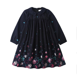 Dinky Girls Dress With Collar Black With Flowers On The Bottom