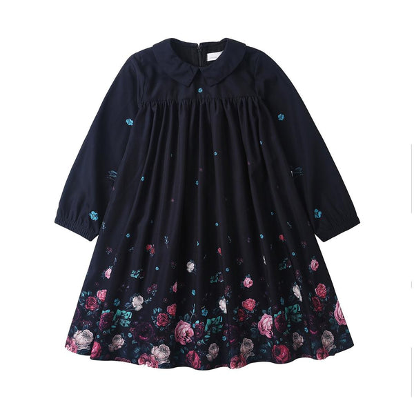 Dinky Girls Dress With Collar Black With Flowers On The Bottom
