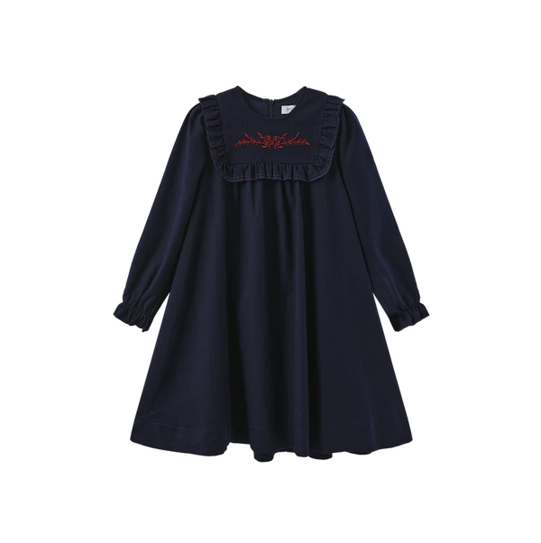 Papillon Girls Pilro Wool Embroidered Bib Dress Navy