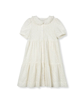 Lilou Girls Eyelet Tiered Collared Dress Ivory